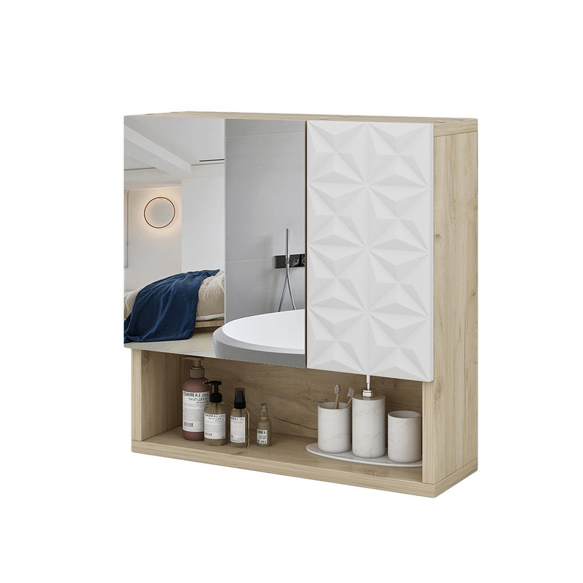 BADSPIEGELSCHRANK Edge Weiß 54 x 55 cm mit Tür und offenen Fächern - Eichefarben/Weiß, Holzwerkstoff (54/55/17cm) - Vicco