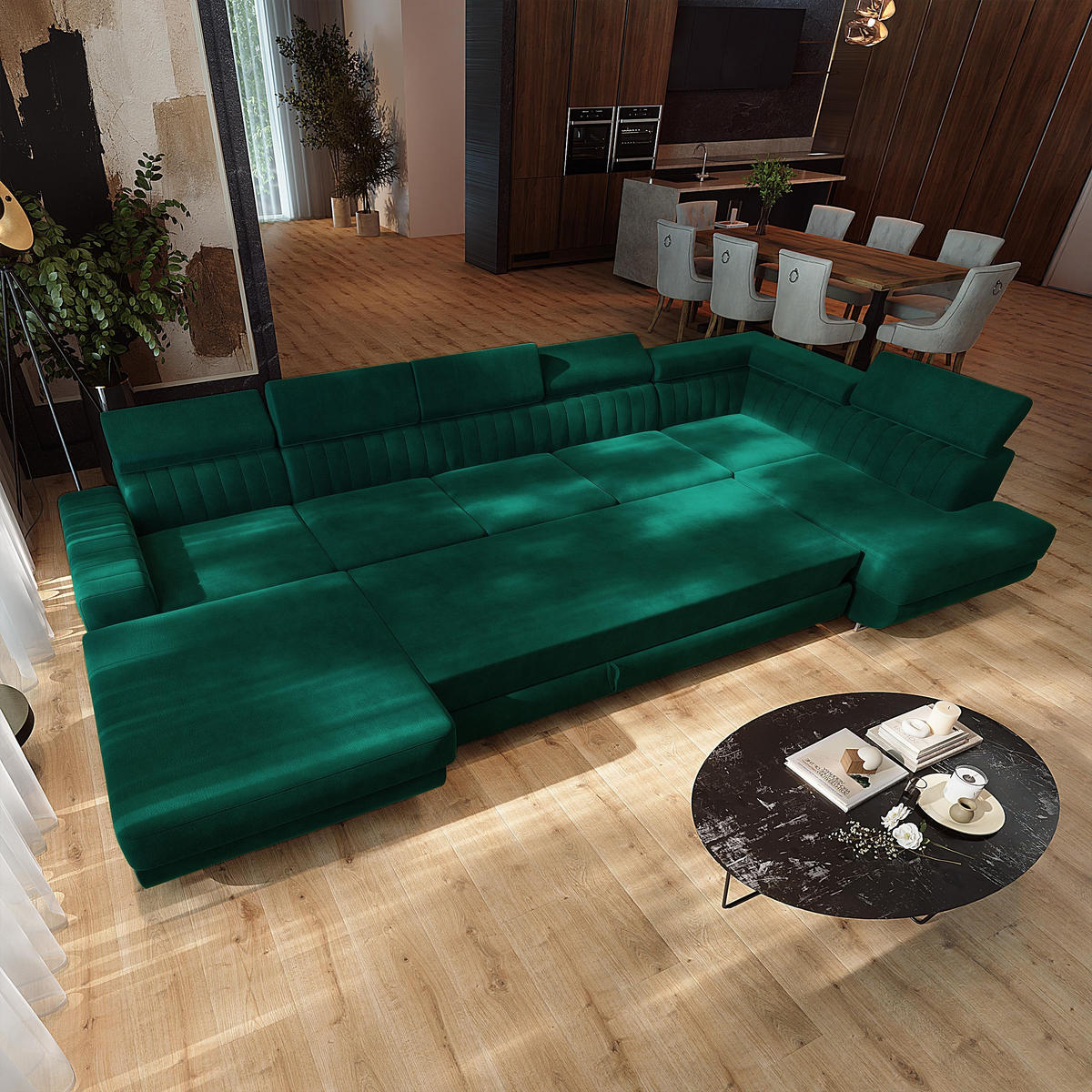 WOHNLANDSCHAFT GAIAN Grün Velours-Stoff mit Schlaffunktion - Grün, Holz (412/88/190cm) - MASSENO