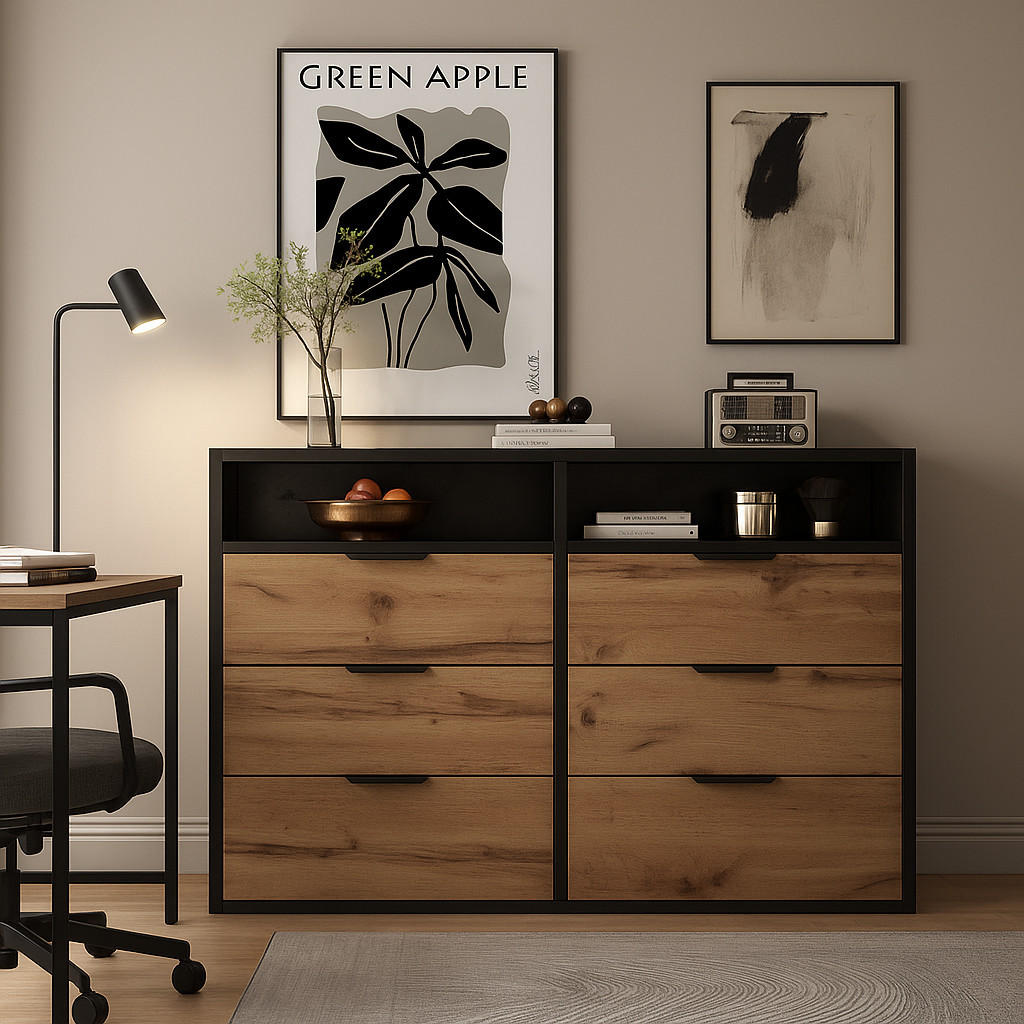 SIDEBOARD Holz mit 4 Türen 3 Schubladen Schwarz/Artisan Eiche - Braun, Glas/Holzwerkstoff (120/80/40cm) - Urban Meuble