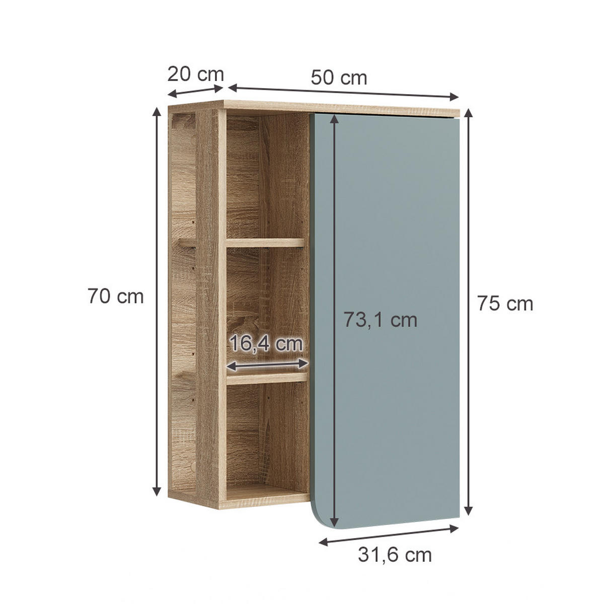 BADSCHRANK Karen Blau-Grau 50 x 75 cm mit Tür und offenen Fächern - Dunkelblau/Sonoma Eiche, Holzwerkstoff (50/75/20cm) - Vicco