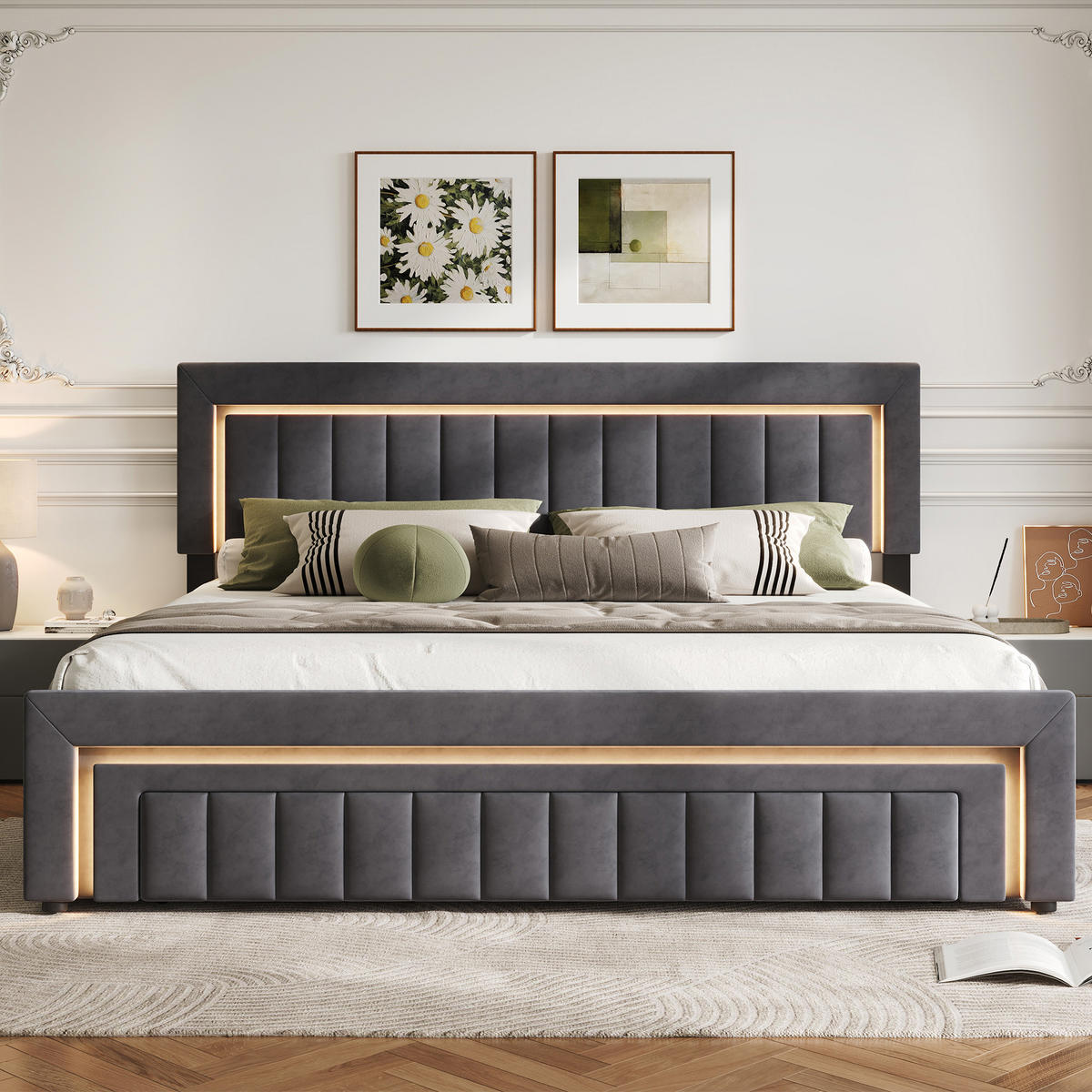 POLSTERBETT 160/200 mit Bettkasten und Schubladen , mit LED, ohne Matratze - Grau, Holzwerkstoff/Textil (160/200cm) - STILVORA