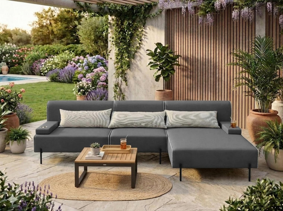 GARTENSOFA BORNEO S Wetterfest 300x170x86 cm, Rechts, Solide Konstruktion, HR-Schaumfüllung, Wetterfeste Bezugstoff, Dunkelgrau - Dunkelgrau, Holz/Metall (300/86/170cm) - Trada