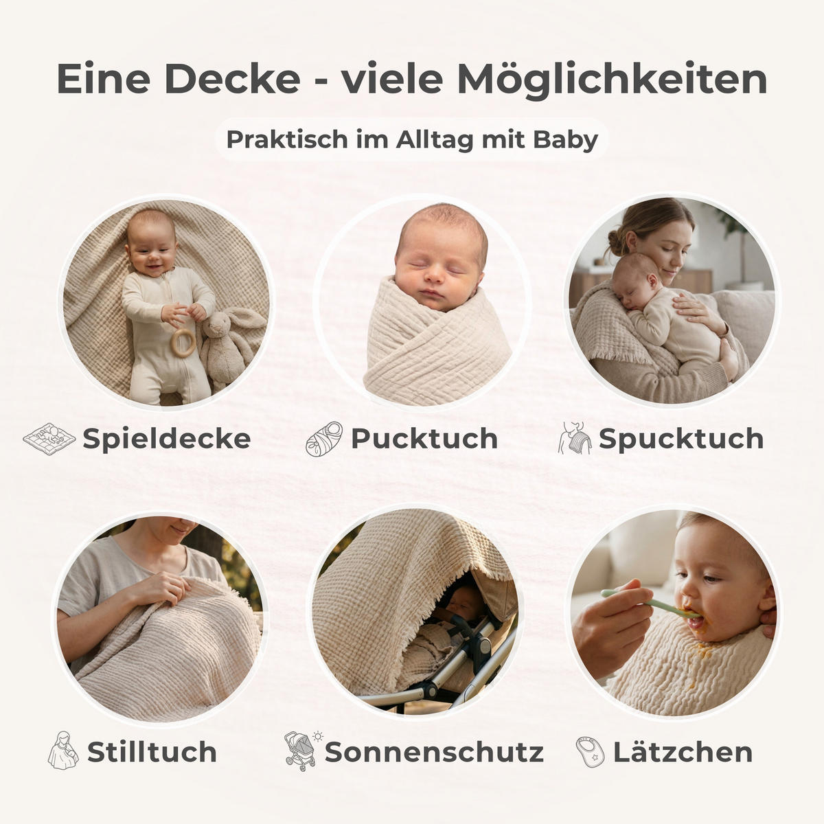 MUSSELINDECKE Babydecke Einschlagdecke Baumwolle atmungsaktiv - Beige, Textil (80/80cm) - nordic coast company