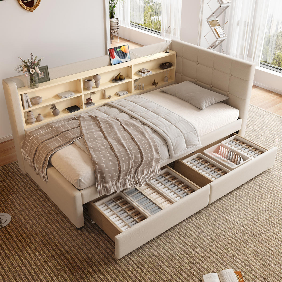 POLSTERBETT 90/200 cm Beige mit 2 Schubladen und USB- und Type-C-Anschlüssen - Beige, Textil (90/200cm) - Flora Grace
