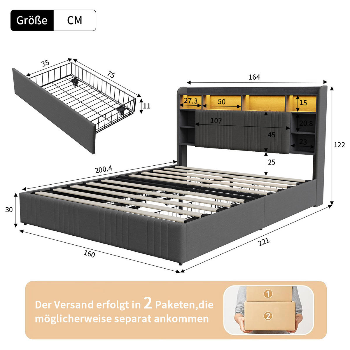 POLSTERBETT 160/200 cm Grau mit 4 Schubladen, LED-Kopfteil mit Ablage und USB - Grau, Metall (160/200cm) - EuroLiving