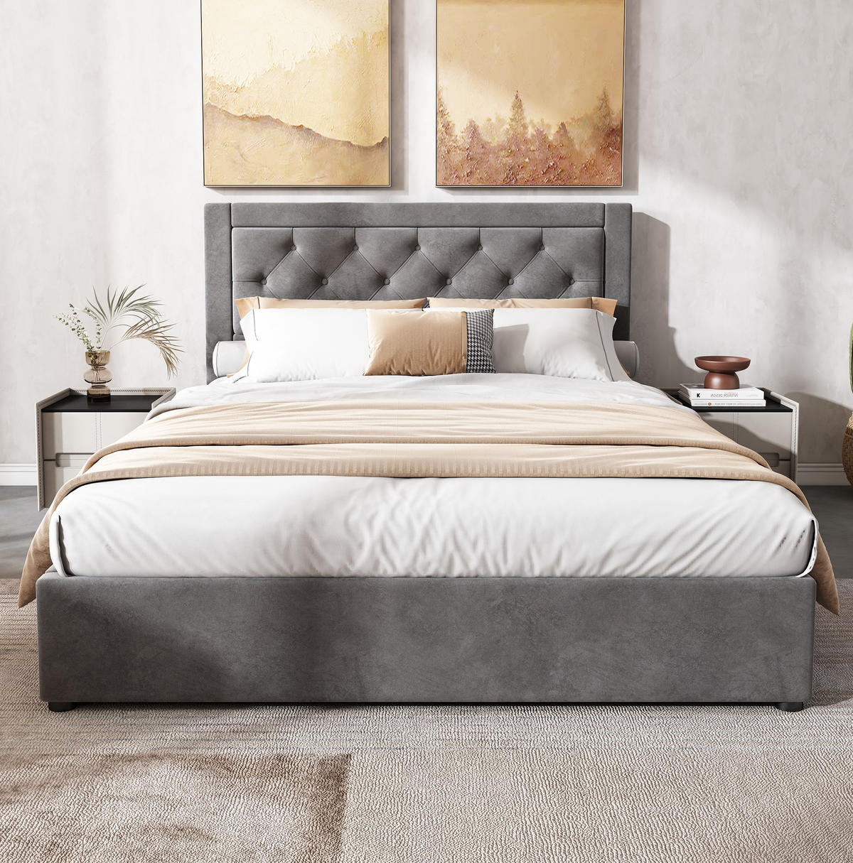 POLSTERBETT 140/200 cm Grau aus Samt mit Stauraum und Chesterfield-Kopfteil - Grau, Metall (140/200cm) - Flora Grace