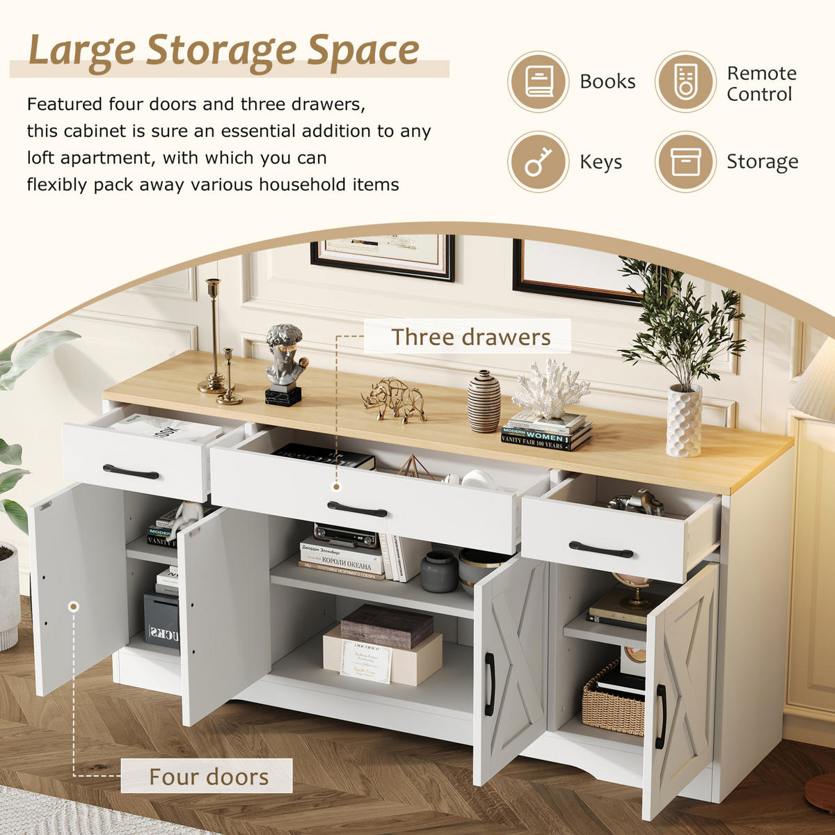 SIDEBOARD 160/37/75 cm Weiß aus MDF mit 3 Schubladen und 4 Türen - Weiß, Holzwerkstoff (37/75/160cm) - OKMYHOME