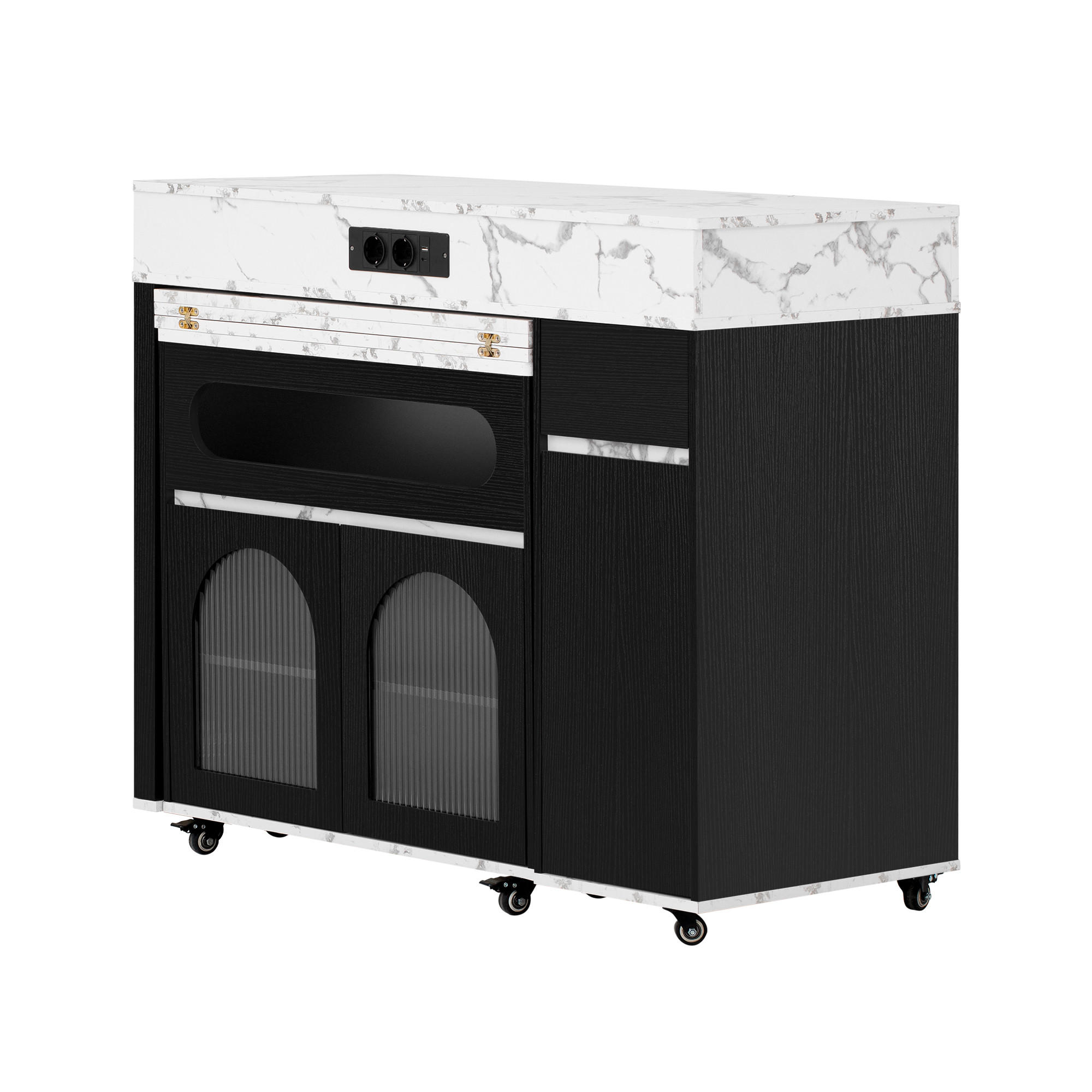 KÜCHENINSEL aus MDF 50.5-187.5x110.5x95.5 cm Schwarz mit Ausziehtisch & Steckdosen - Schwarz, Holzwerkstoff (187.5/95.5/110.5cm) - Modfu