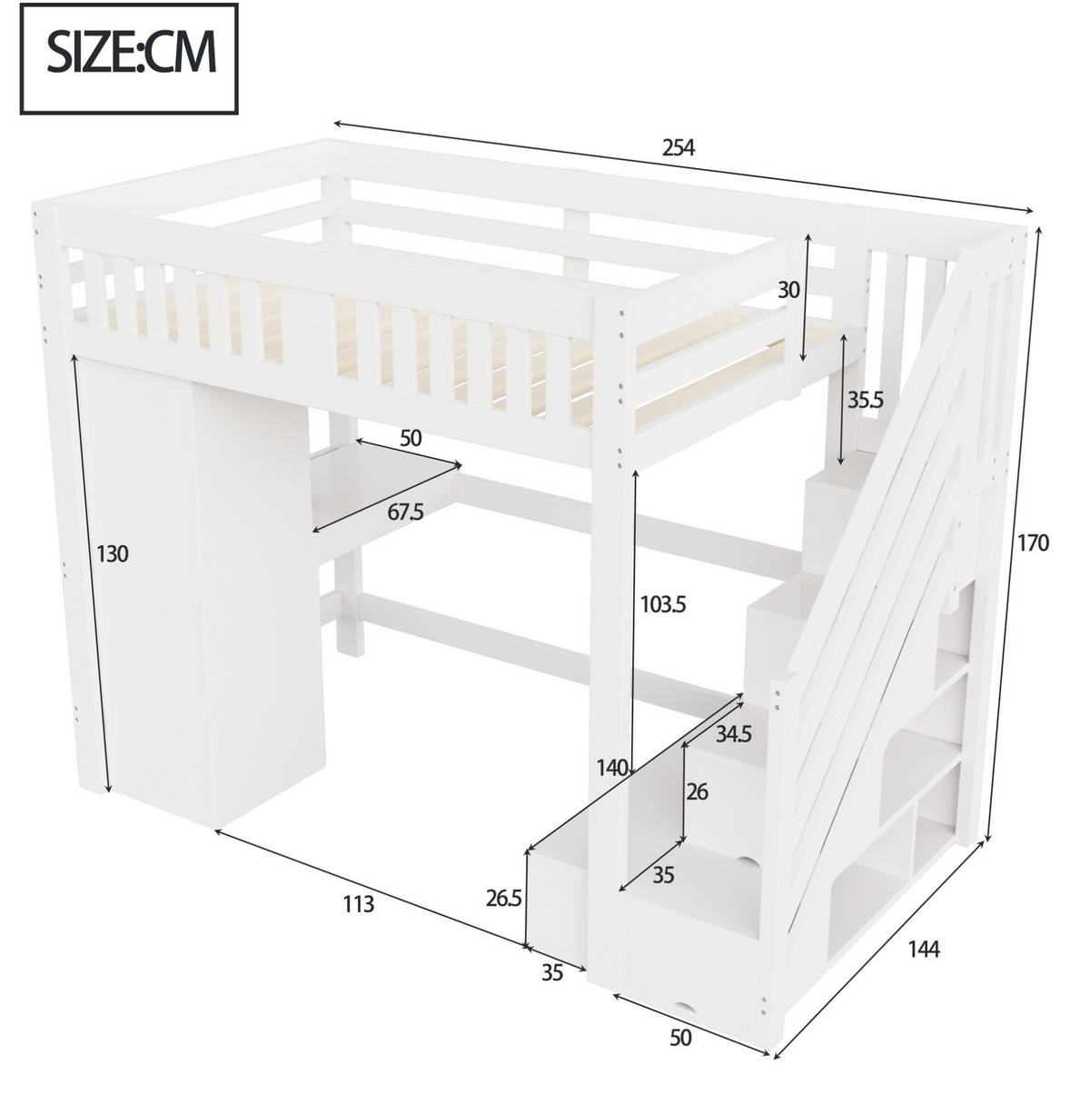 HOCHBETT 140/200 cm Weiß mit Stauraumtreppe, Schreibtisch und LED - Weiß, Holz (140/200cm) - MIVRAY