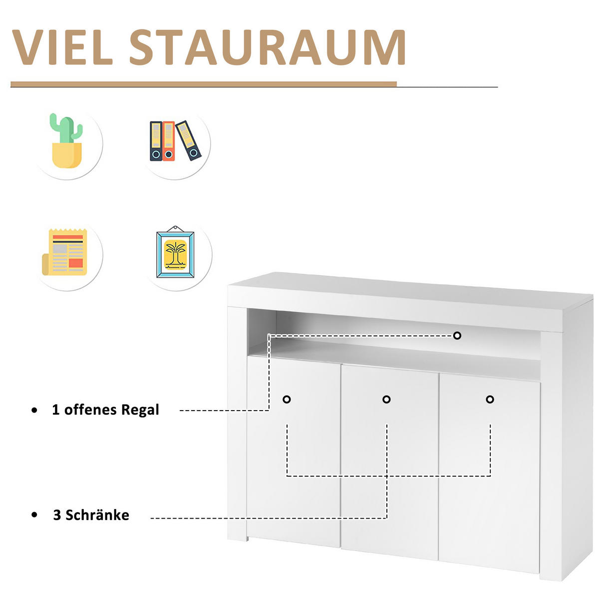 SIDEBOARD 130/35/95 cm Weiß aus Spanplatte mit LED-Beleuchtung - Weiß, Holzwerkstoff (130/95/35cm) - OKWISH
