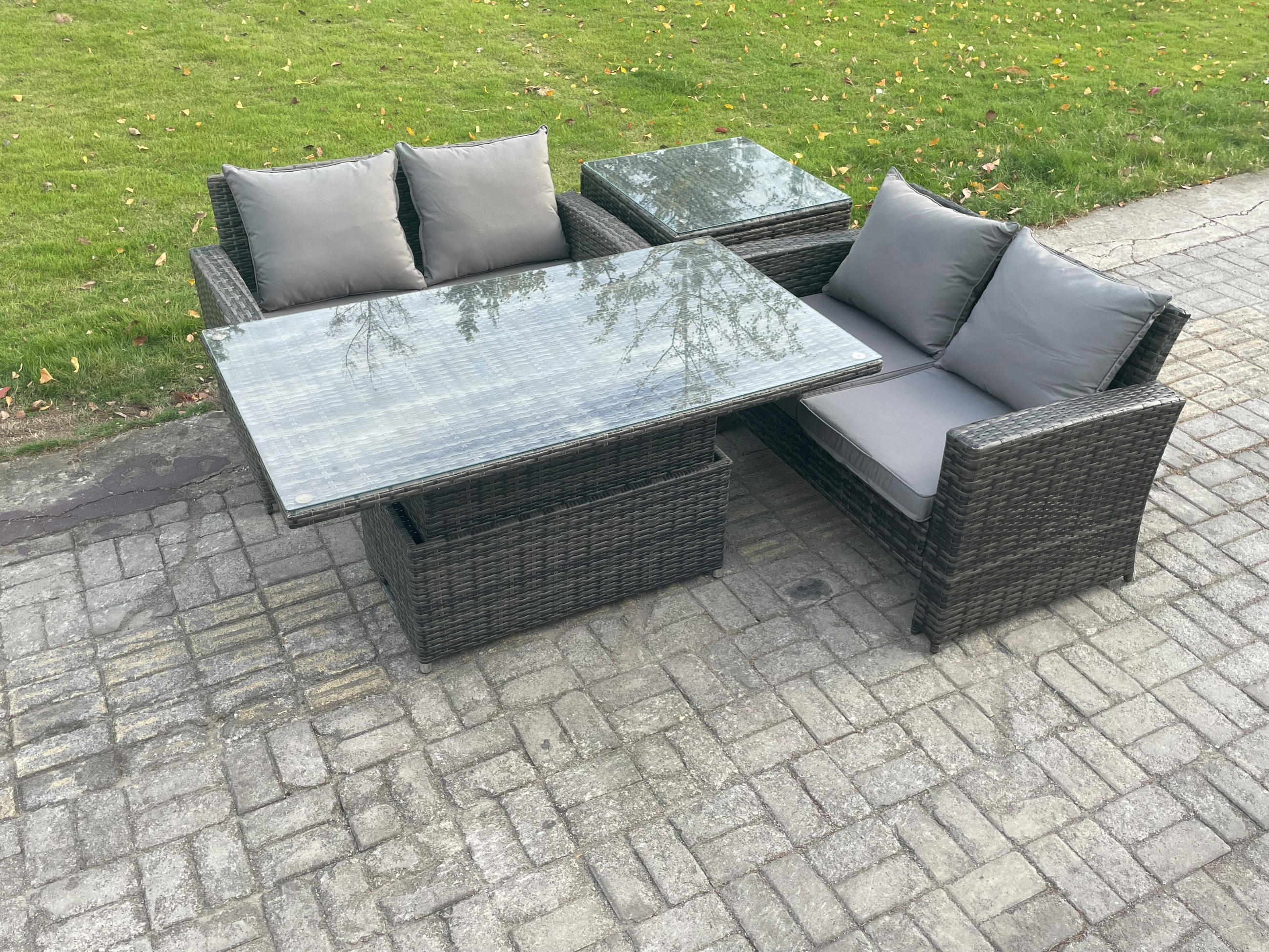 GARTENMÖBEL SET mit höhenverstellbarer Tisch Polyrattan Dunkelgrau 8-Sitzer - Dunkelgrau, Metall - Fimous