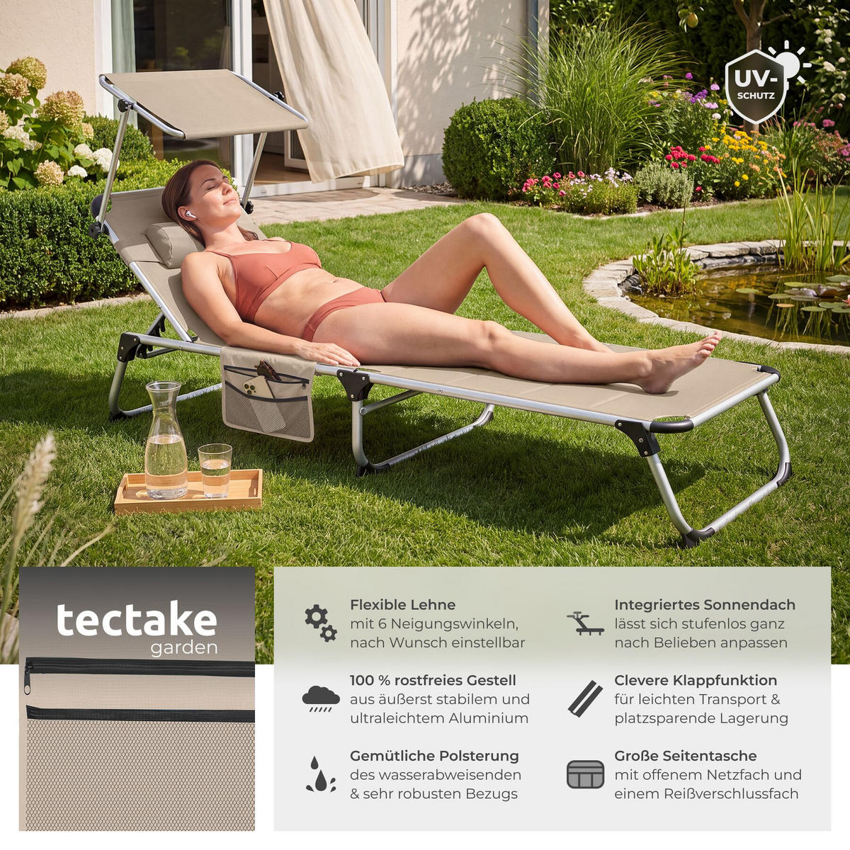 SONNENLIEGE aus Aluminium Lorella, 200 x 60,5 x 34 cm, mit Seitentasche, beige - Beige, Kunststoff (60.5/115/200cm) - tectake