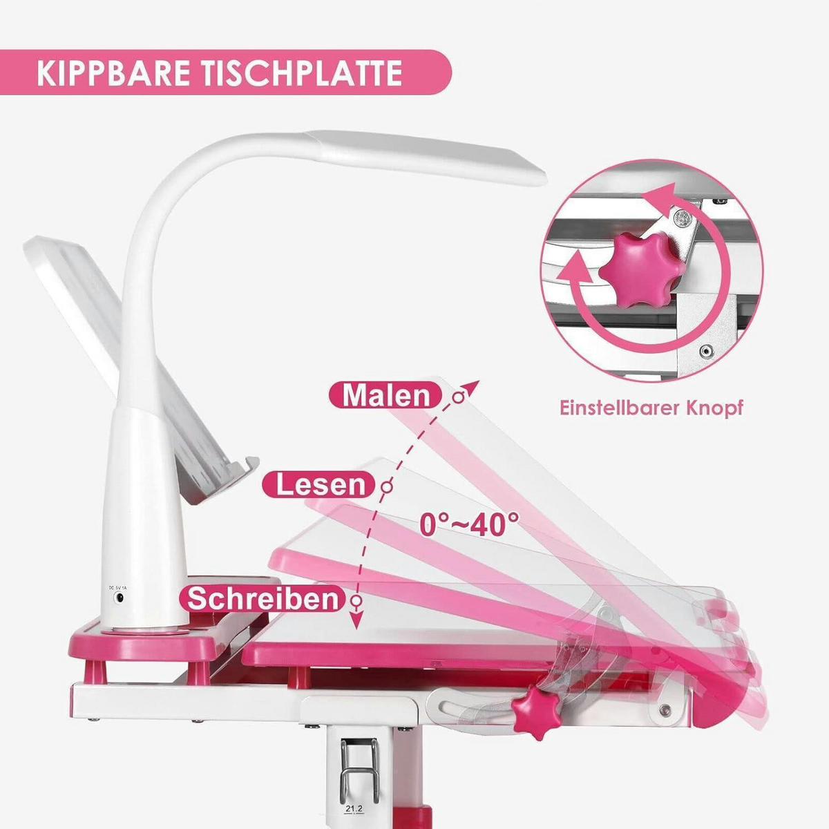 KINDERSCHREIBTISCH-SET höhenverstellbar mit Lampe und Schublade Rosa - Multicolor, Kunststoff (49/76/66.4cm)