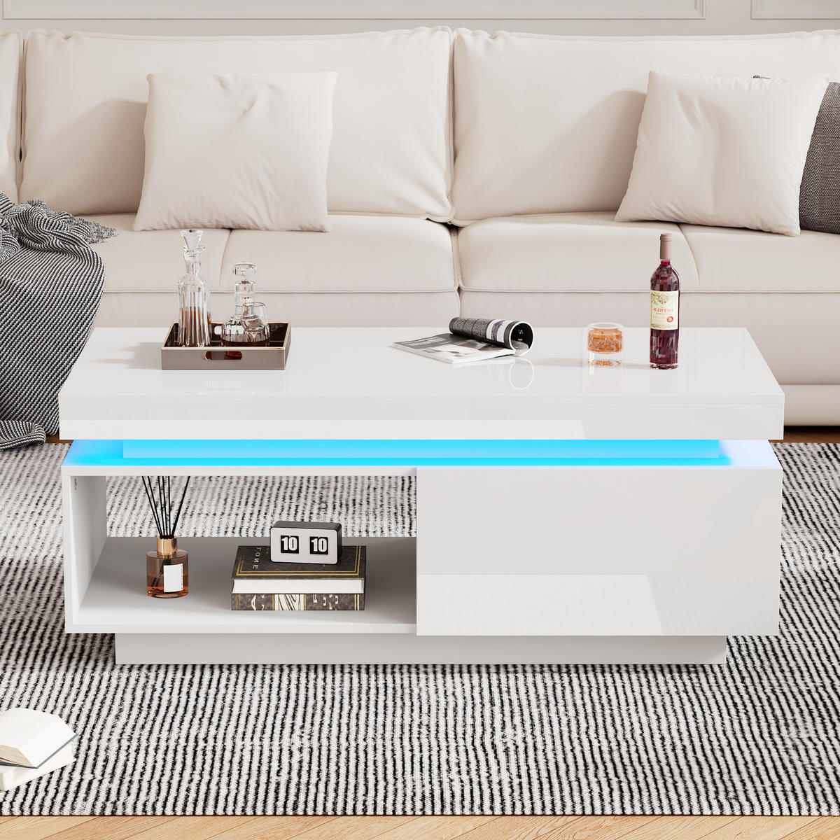 COUCHTISCH 100/50/40,3 cm in Weiß aus Spanplatte mit LED-Beleuchtung und Schublade - Weiß, Holzwerkstoff (50/100/40cm) - CHICFURN