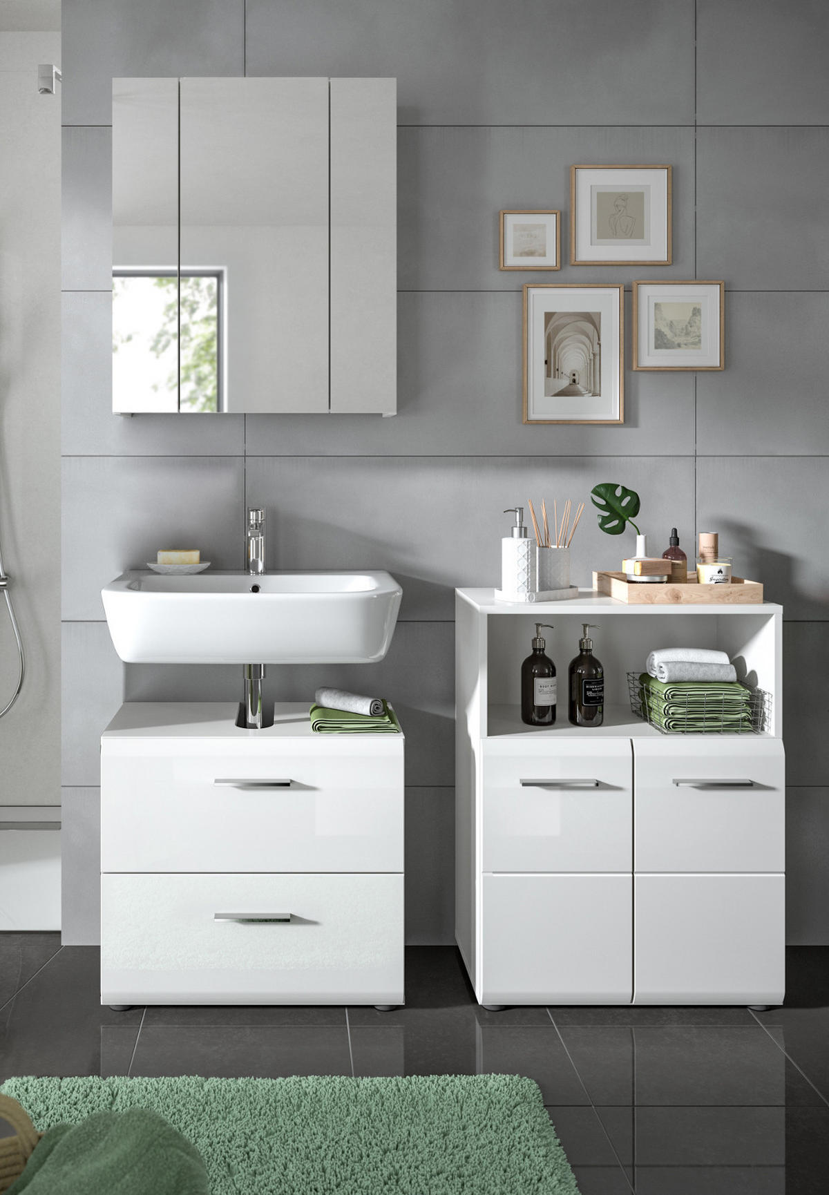 BADKOMMODE weiß Hochglanz, Badezimmer Kommode 60 x 80 cm - Weiß Hochglanz/Silberfarben, Holzwerkstoff/Kunststoff (60/80/30cm) - Inn.Furn