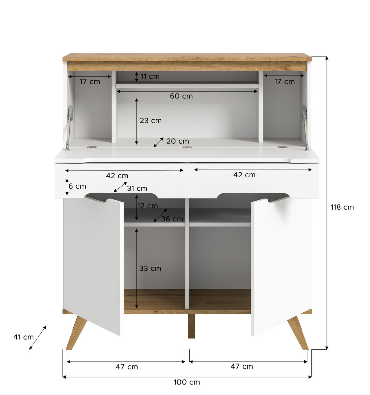 SEKRETÄR weiß, Eiche 100 cm skandinavisch, Schreibtisch mit Soft-Close - Eichefarben/Weiß, Holzwerkstoff/Metall (110/40/118cm) - Inn.Furn