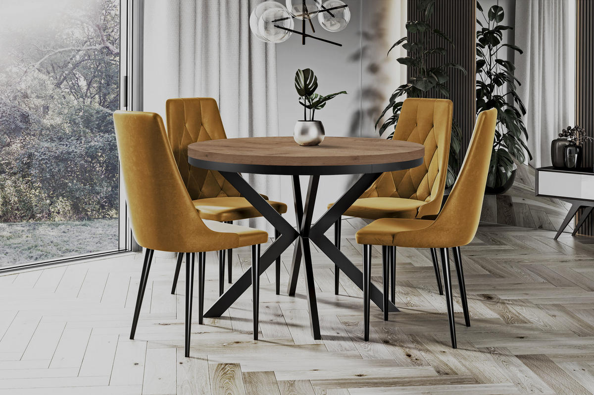 ESSTISCH Runder Ausziehbarer Tisch für Esszimmer ENDIK mit Ring-Gestell und Metallbeinen, Durchmesser: 100 / 200 cm, Farbe: Schwarz - Schwarz, Holz/Holzwerkstoff (200/100/77cm) - Dekori_Interiors