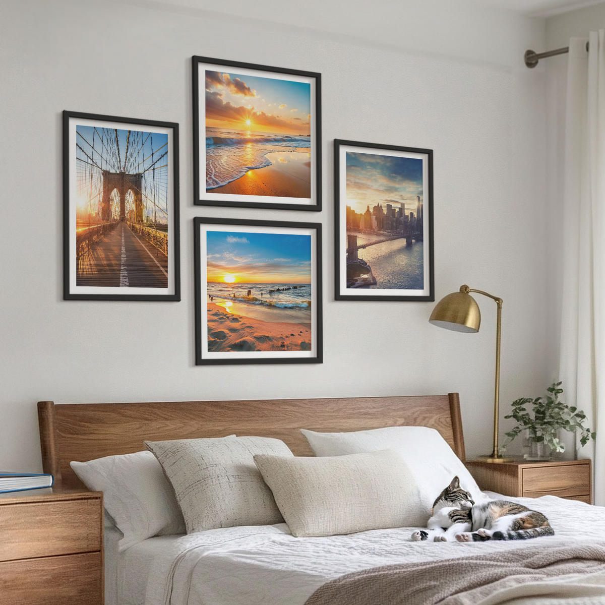 BILDER SET 4er Set - 50x50 cm & 40x60 cm Schwarzer Rahmen - Brücken, Sonnenuntergänge, Stadt - Schwarz, Kunststoff (50/50cm) - TULUP