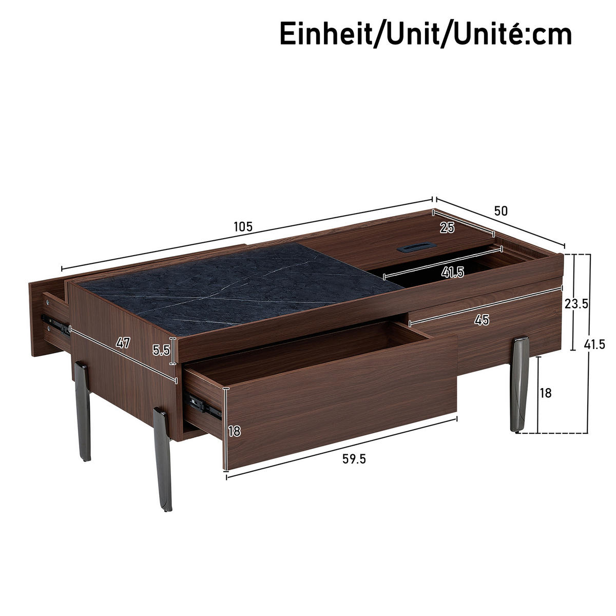 COUCHTISCH in Dunkelbraun & Marmor-Optik - Braun, Holzwerkstoff (50/105/41.5cm) - Urban Meuble