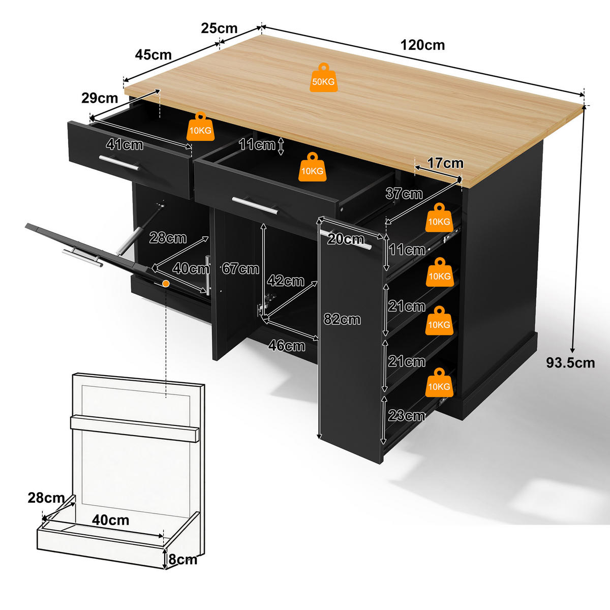 KÜCHENINSEL 120/45(70)/93 cm Schwarz mit Müllschrank, 4-stufigem Gewürzregal und 2 Schubladen - Schwarz, Holz/Holzwerkstoff (70/93.5/120cm) - Oxeza