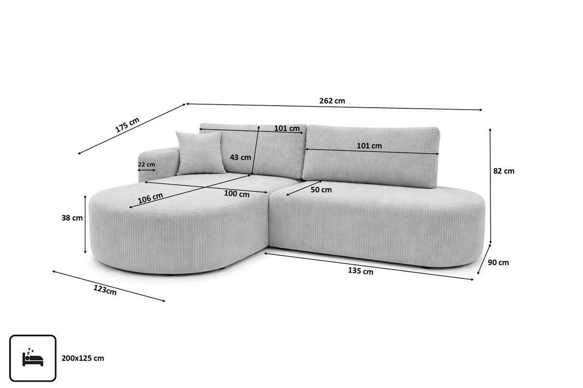 ECKSOFA Mit Schlaffunktion Und Bettkasten, Cordstoff Poso, Hellgrau, Links, ROUND ONE OPEN XL - Hellgrau, Holz (262/175cm) - Kaiser Möbel