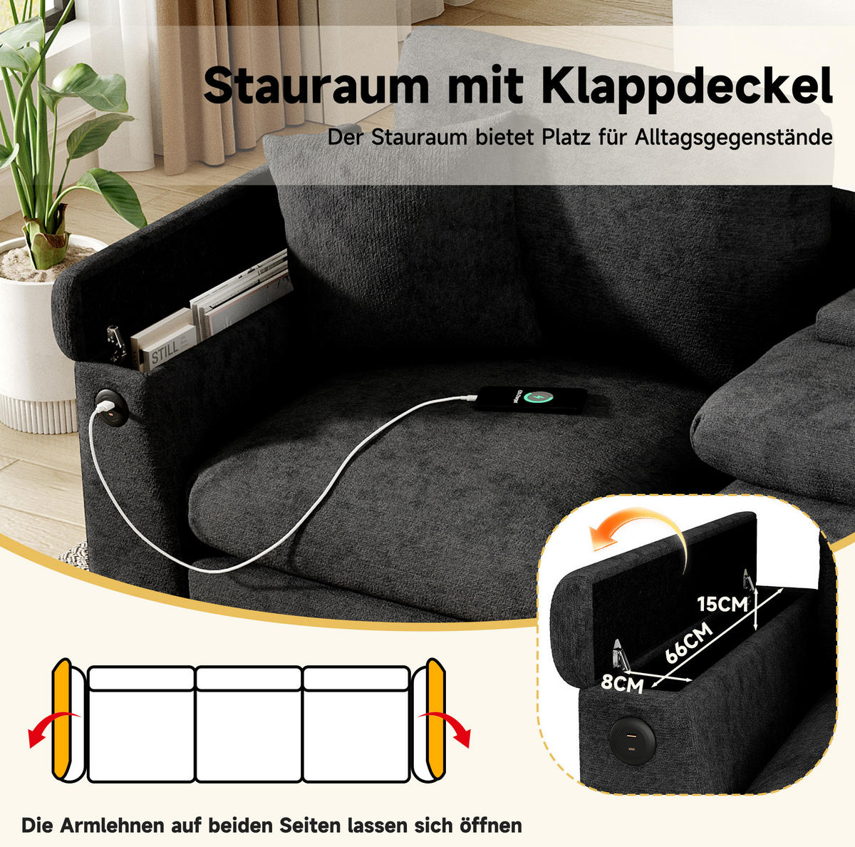 POHOVKA z chenillu, 242/80/88 cm sivá, s USB, sklápacím stolíkom a úložným priestorom - sivá, textil (80/88/242cm) - BEAOK