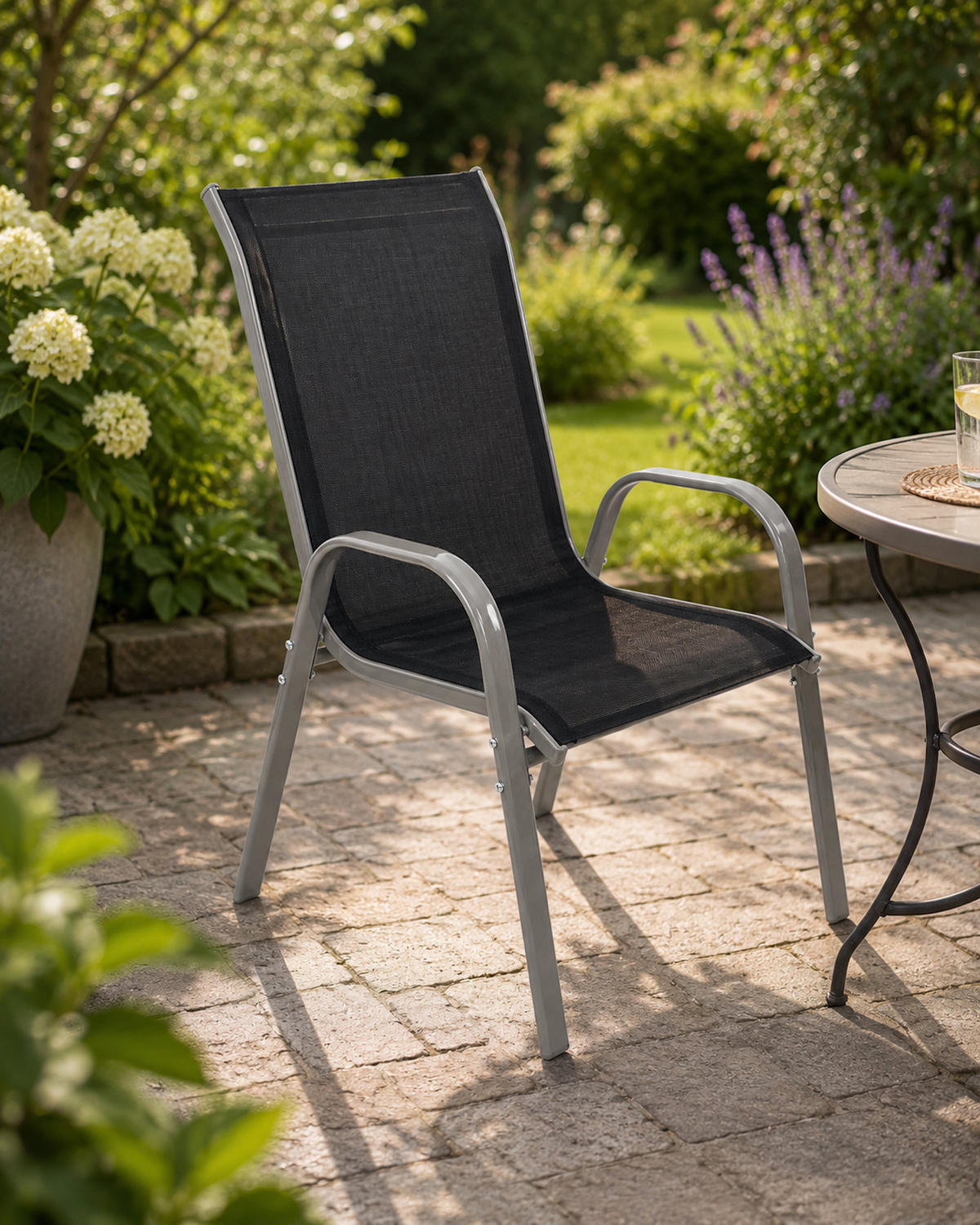 GARTENSESSEL Soratte - Metall silbergrau + Textilgewebe schwarz, 4-er Set - Silberfarben, Metall (56/95/71cm) - TPFGarden