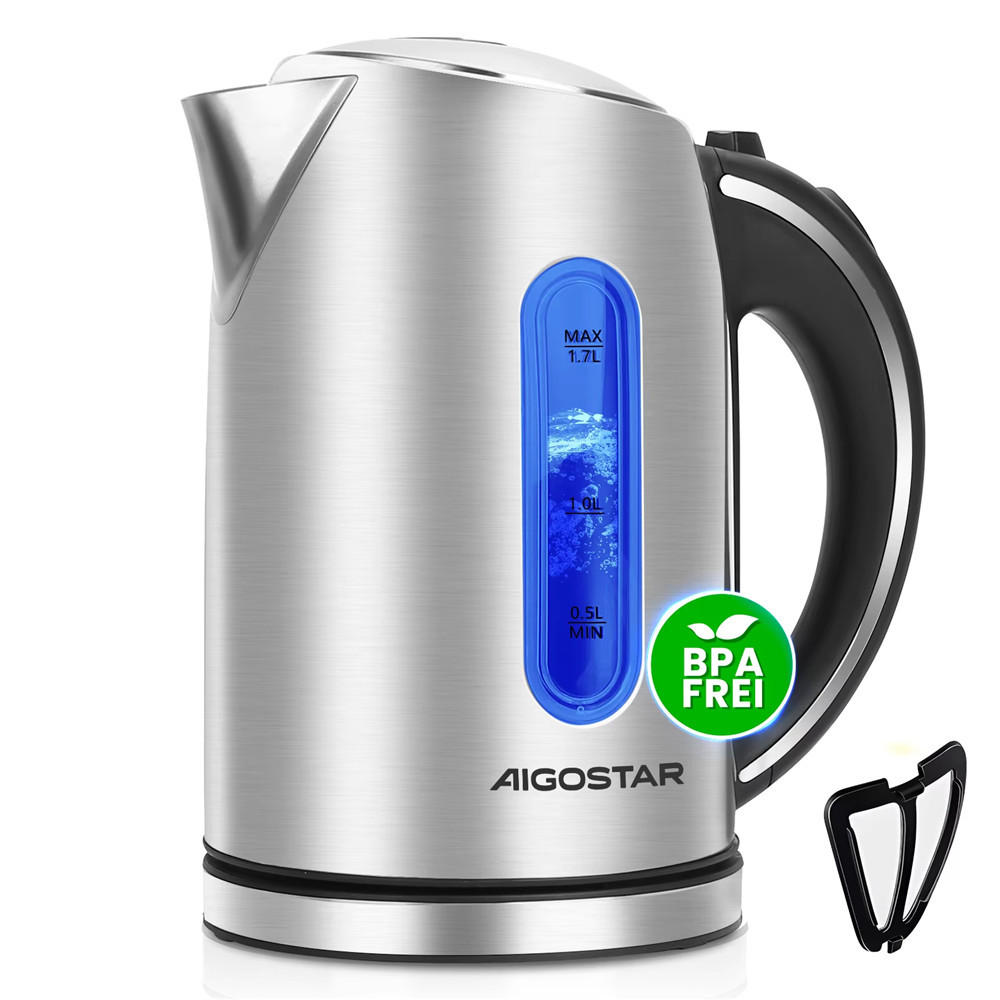WASSERKOCHER Edelstahl 1,7L 2200W LED Kalkfilter BPA-frei - Silberfarben, Metall (1/1/1cm) - Coonoor