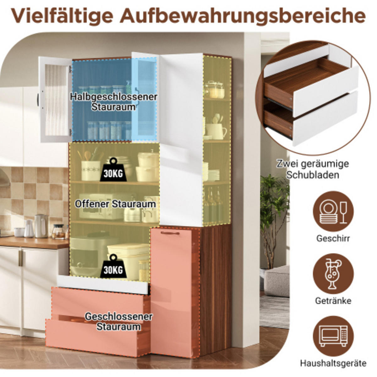 HIGHBOARD mit Riffelglas weiß-walnussfarben 100×40×200 cm aus MDF - Naturfarben, Holzwerkstoff (100/200/40cm) - Luhomfu