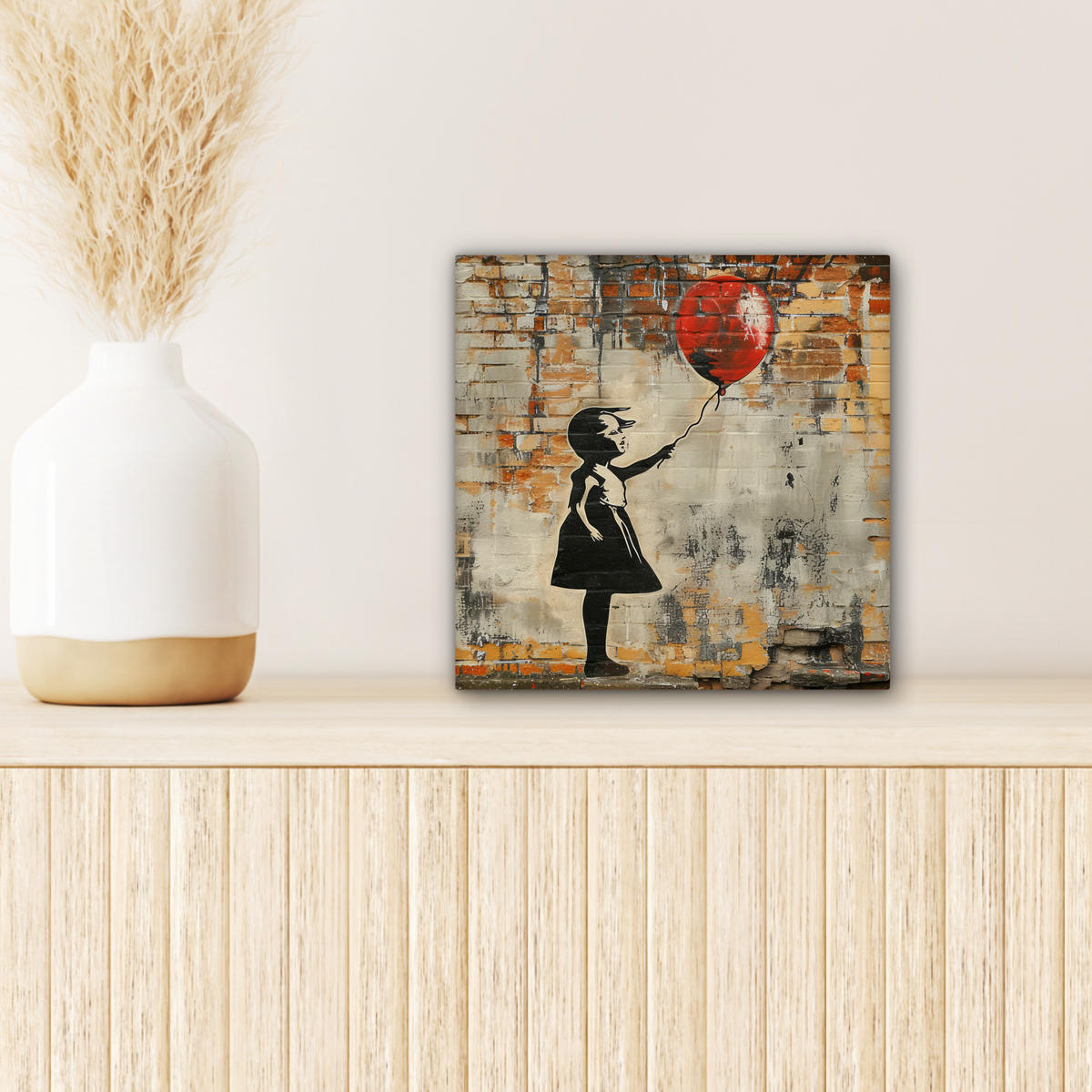 LEINWANDBILD Graffiti - Banksy - Mädchen - Straßenkunst Deko Wohnzimmer 20x20 cm - Sandfarben, Textil (20/20cm) - MuchoWow