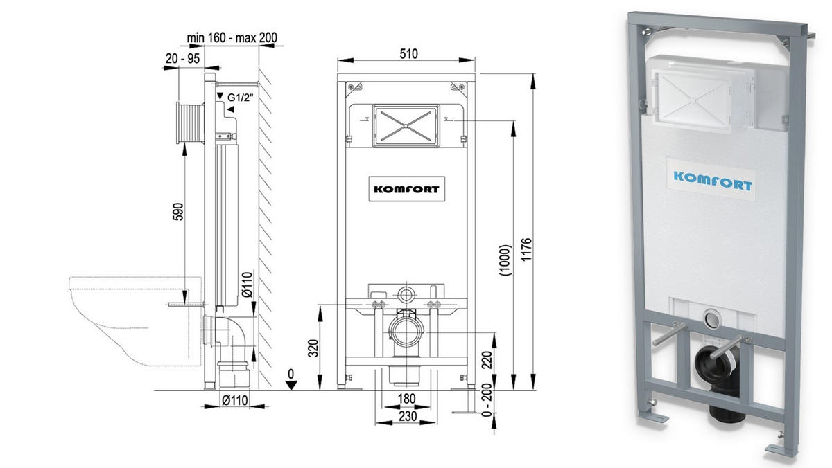WC-SET ROLO Weiß, Slim-Sitz, Vorwandelement und Betätigungsplatte M671 Chrom THIN - Weiß, Keramik (53/119.5/48.5cm) - bad land