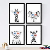 POSTER Set mit 4 Kinder Tiere mit 3DBrille A3 Rahmenlos - Klar, Papier (29.7/3cm) - Nacnic