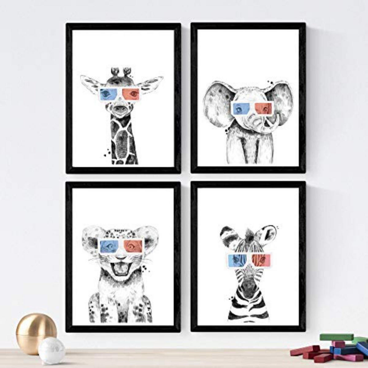 POSTER Set mit 4 Kinder Tiere mit 3DBrille A3 Rahmenlos - Klar, Papier (29.7/3cm) - Nacnic