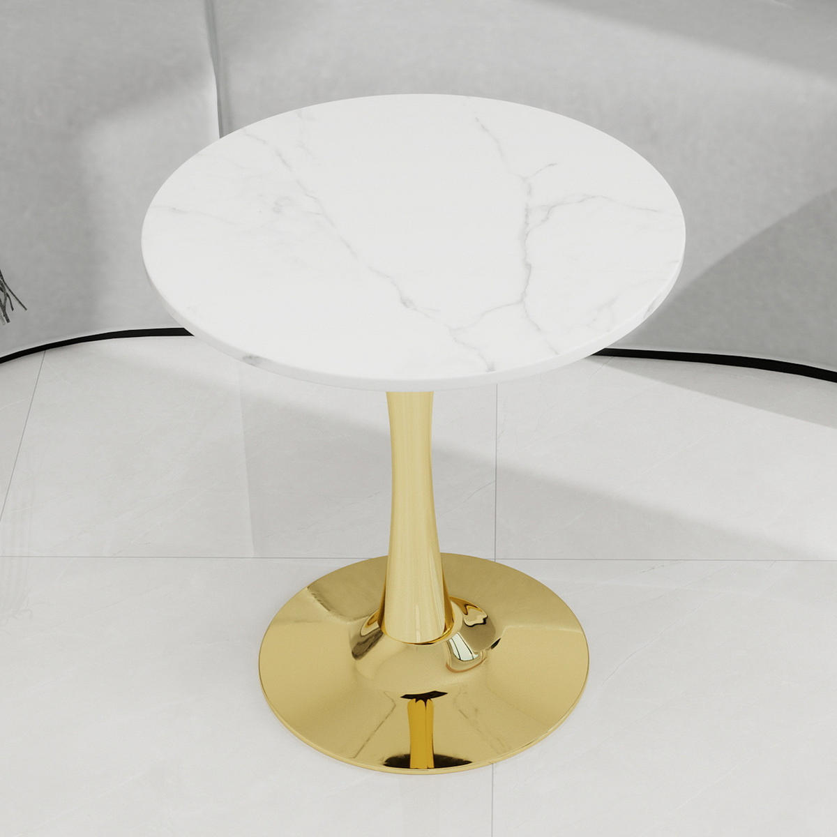 COUCHTISCH Ø 70,1 cm mit runder Tischplatte in Marmoroptik und schlankem Gestell, Goldweiß - Goldfarben, Stein (70/70/72cm) - Modfu