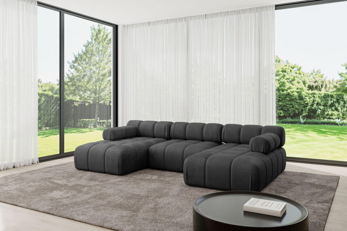 WOHNLANDSCHAFT modulares Sofa Tesso-U1 - 285x160x70 cm Schwarz Velours - Schwarz, Holzwerkstoff/Textil (285/70/160cm) - ALTDECOR