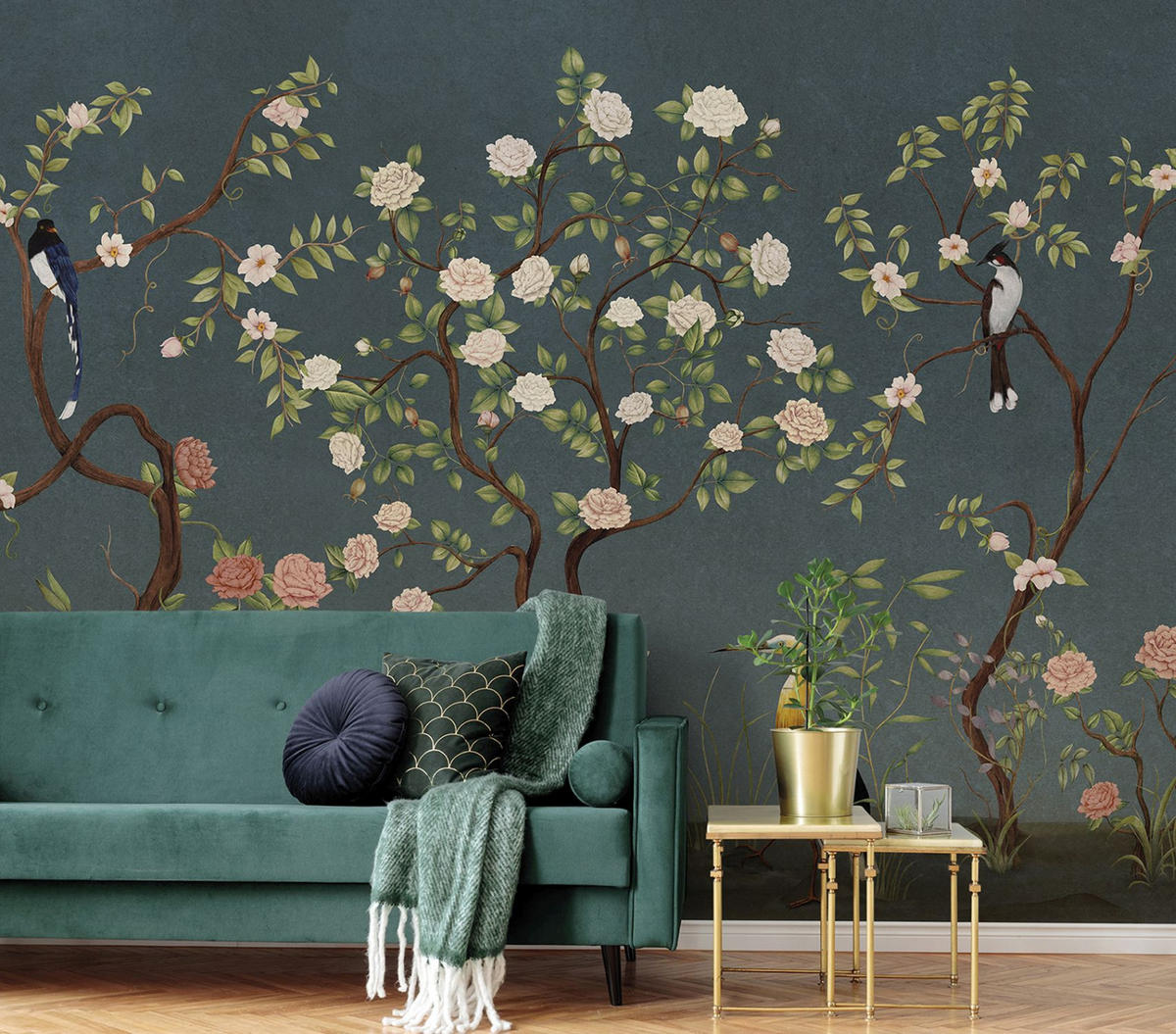 FOTOTAPETE Blumen und Vögel 424 x 280 cm - Blau, Papier (424/280cm) - Sanders & Sanders