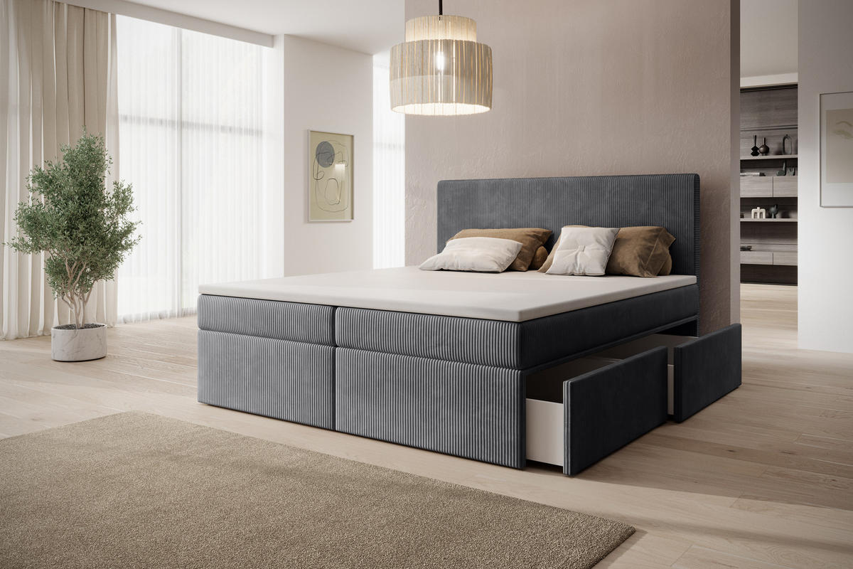 BOXSPRINGBETT Siena mit Schubladen und Topper, POSO-Cordstoff, 180x200 cm, Dunkelgrau - Dunkelgrau, Holz - PROMETO Möbel