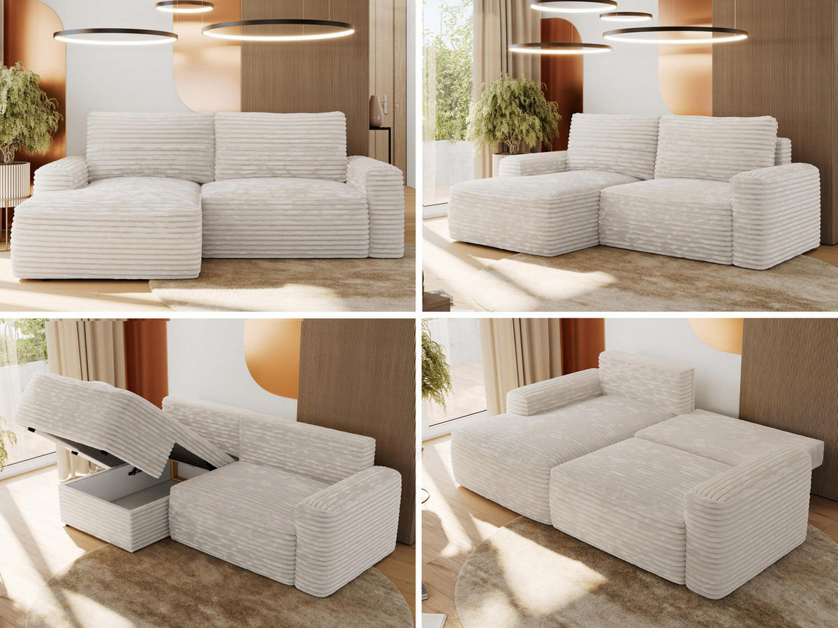 ECKSOFA BELLUNO L Creme Cord - Links - Creme/Schwarz, Textil (144/233cm) - MKS