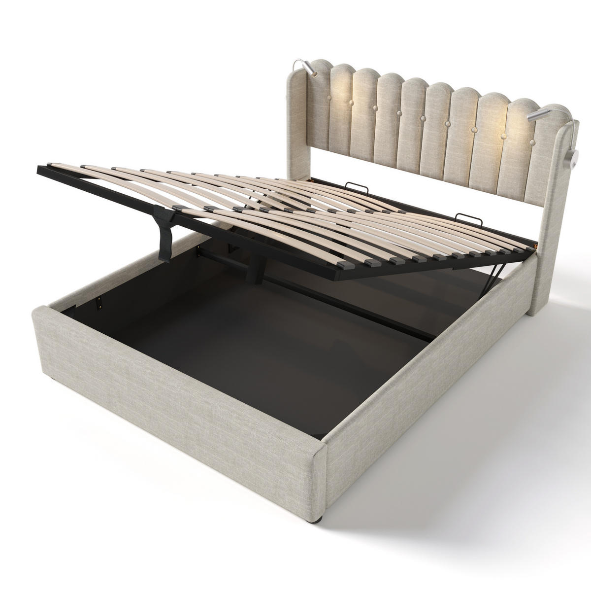 POLSTERBETT mit Stauraum, USB und Leselicht 140x200 cm Leinen Natur - Beige, Metall (140/200cm) - Meubliv