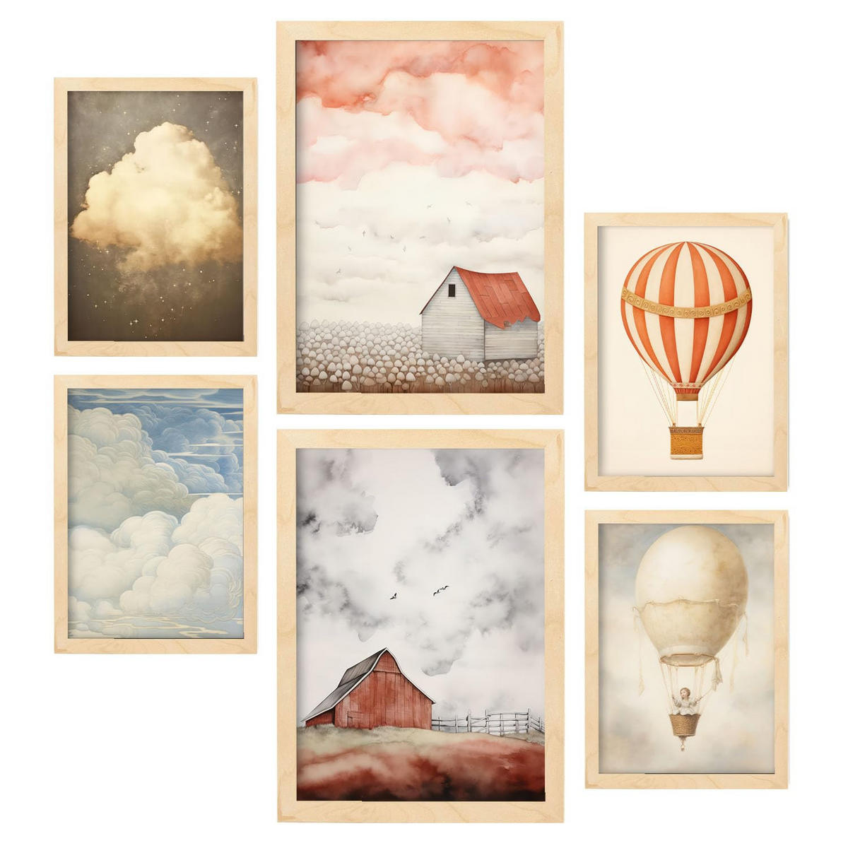 POSTER Set Mit 6 Oranger Himmelstraum A3 & A4 Rahmen Aus Hellem Holz - Beige, Papier (29/3cm) - Nacnic