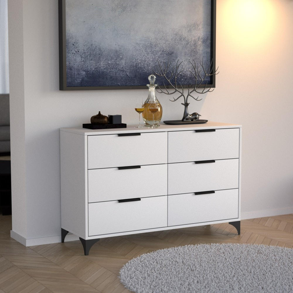 KOMMODE Home mit 6 Schubladen, 120 cm, mit Griffen, Weiß - Schwarz/Weiß, Holzwerkstoff (120/80/40cm) - Beautysofa