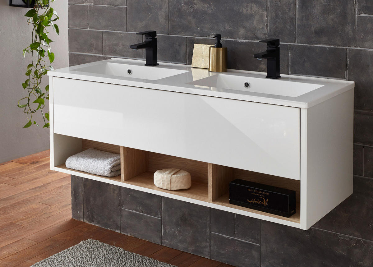 WADSCHTISCHKOMBI weiß Hochglanz und Eiche, Doppelwaschtisch inkl. 2x Waschbecken, Breite 120 cm - Weiß Hochglanz/Eichefarben, Holzwerkstoff (120/44/47cm) - Furn.Design