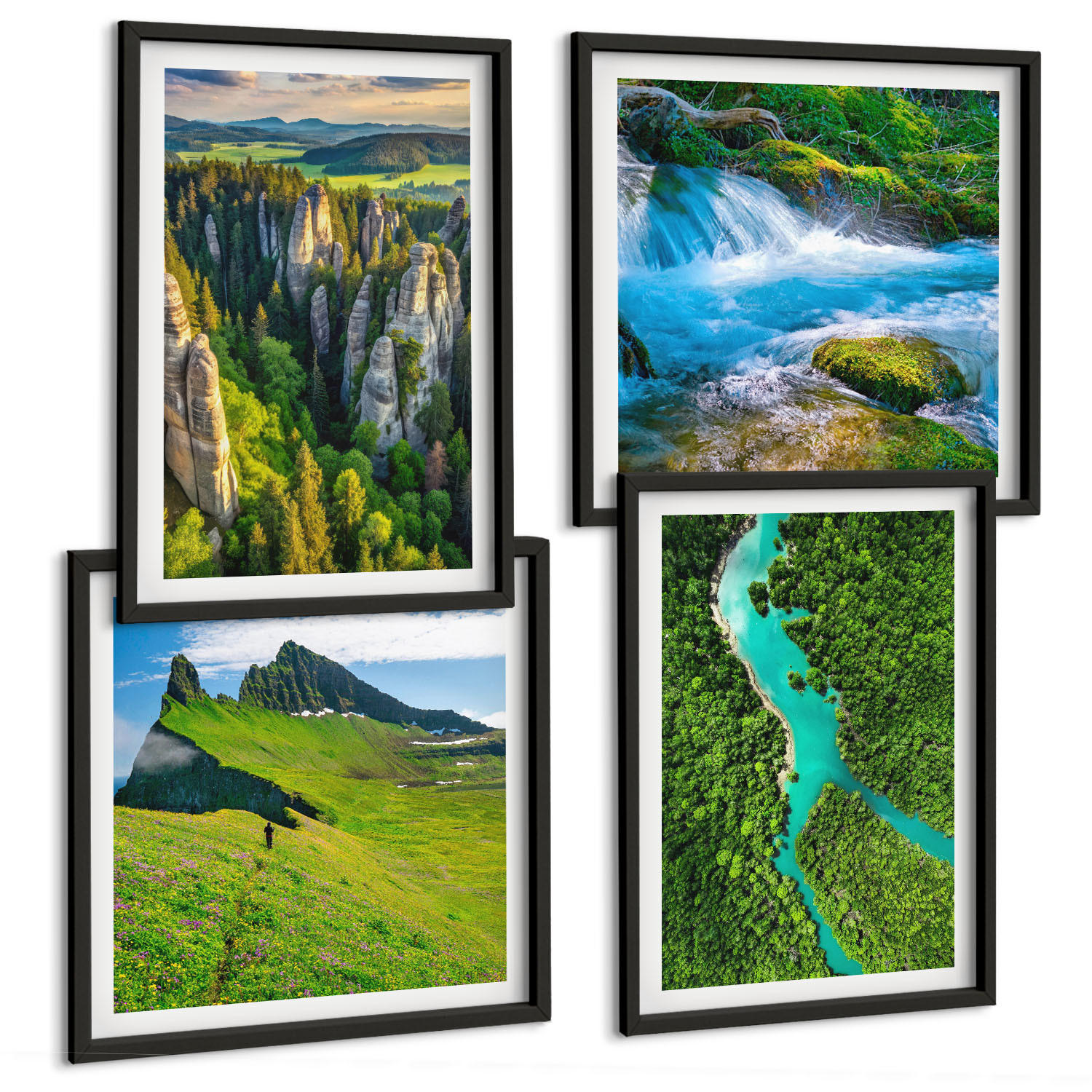 BILDER SET 4er Set - 50x50 cm & 40x60 cm Schwarzer Rahmen - Grüne Berge, Flussfelsen - Schwarz, Kunststoff (50/50cm) - TULUP