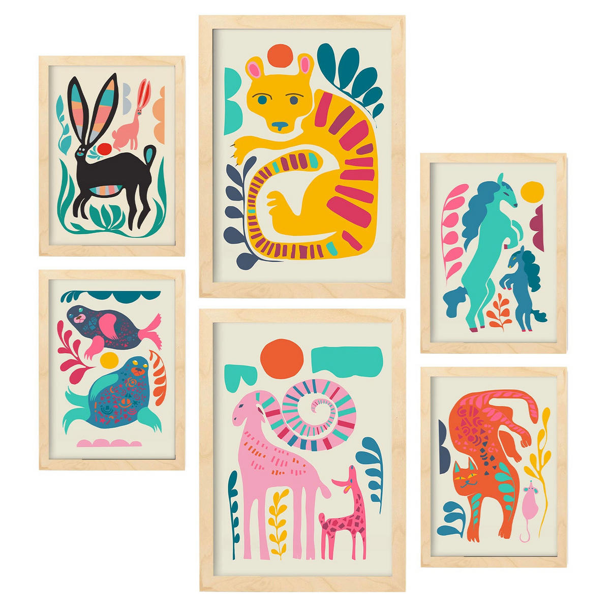 POSTER Set Mit 6 Linienrasse 2 In Tiere Zusammenfassungen A3 & A4 Rahmen Aus Hellem Holz - Beige, Papier (29/3cm) - Nacnic