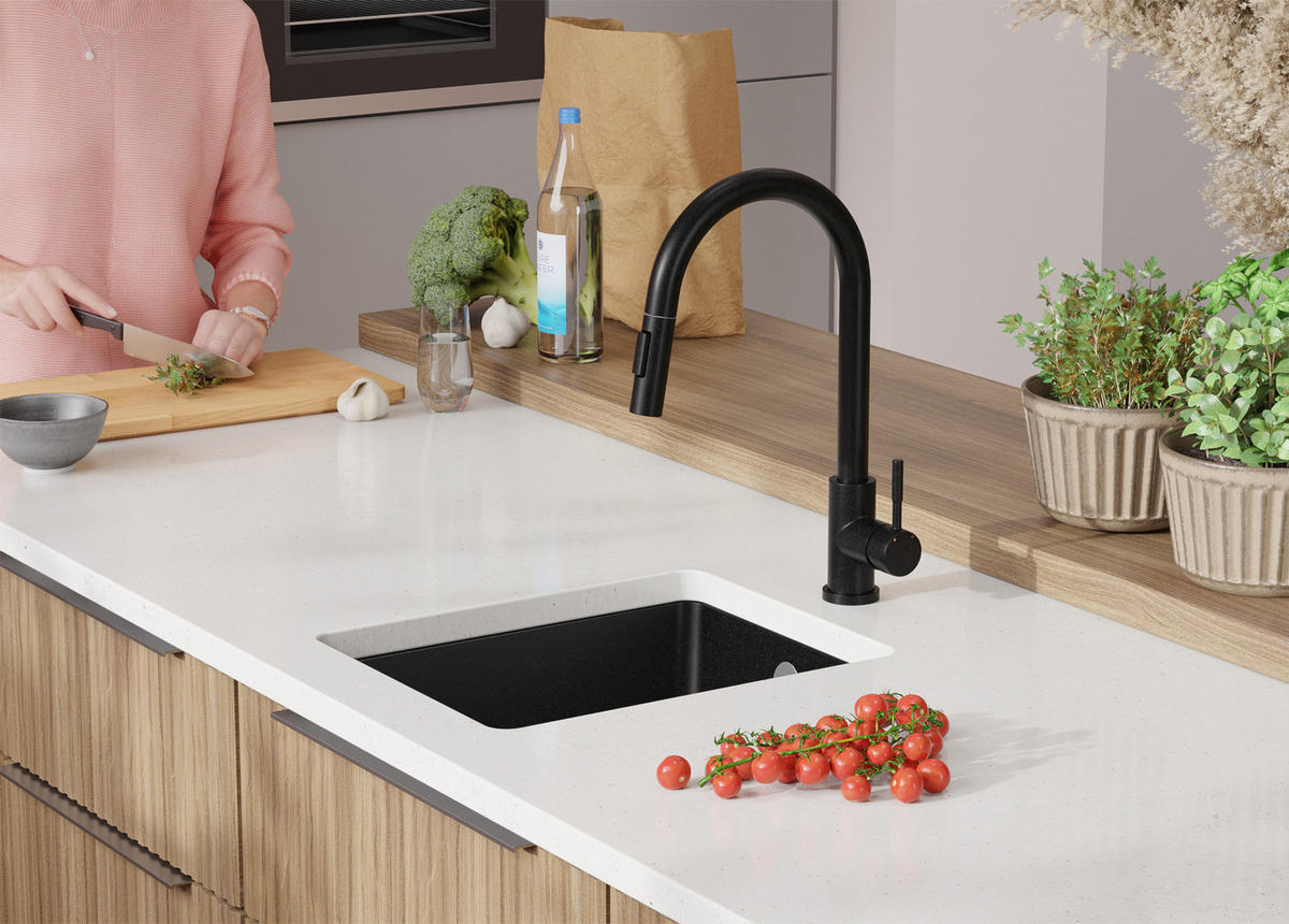 UNTERBAUSPÜLE GRANIT Venedig Easy, 2-er set Alles Schwarz 36/44 cm 1 Becken + Ablauf-Set ab 40er Unterschrank - Schwarz, Kunststoff (36/20/44cm) - Primagran