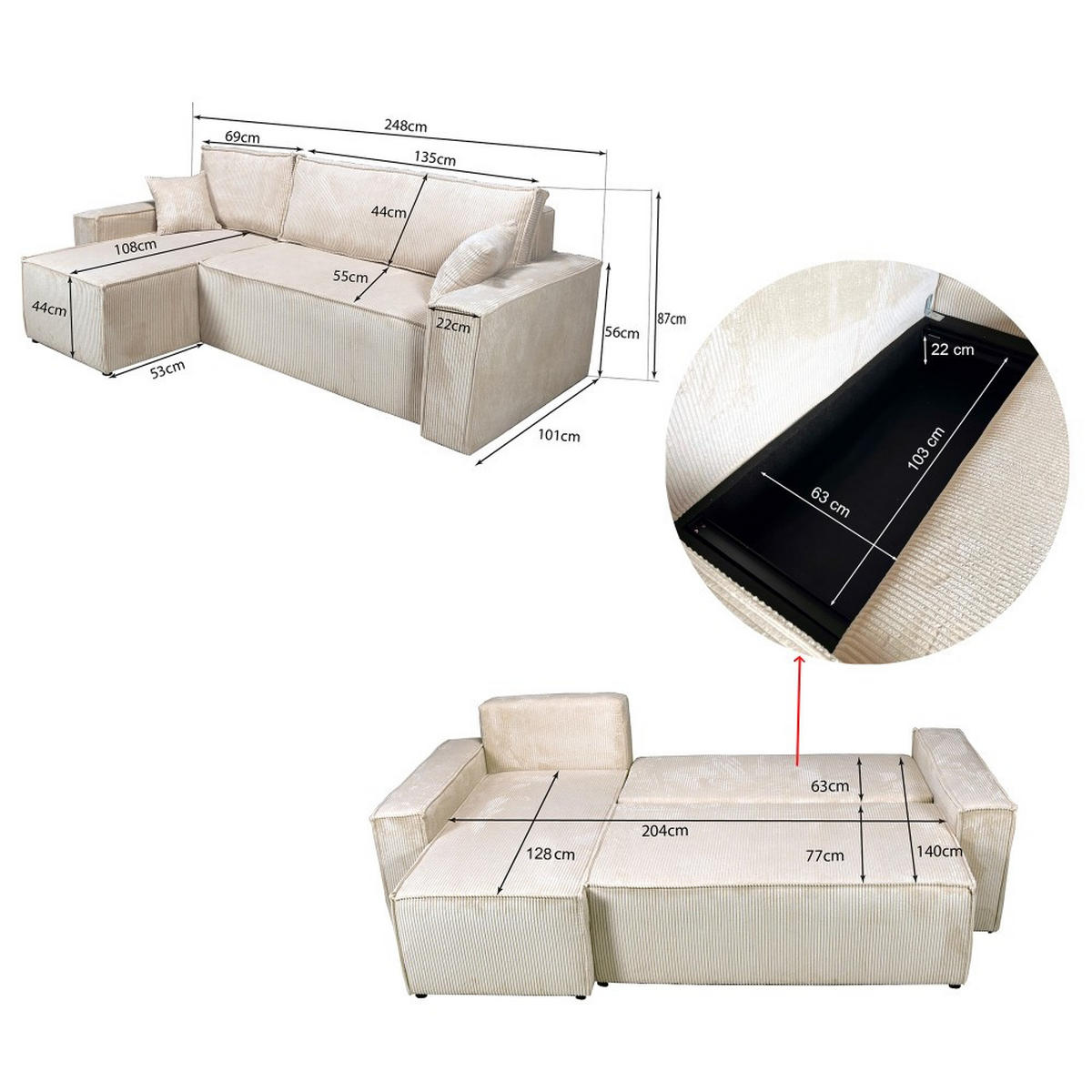 ECKSOFA mit Schlaffunktion/ ELISE, 4 Plätze - Beige - Beige, Textil (144/248cm) - Weber Industries
