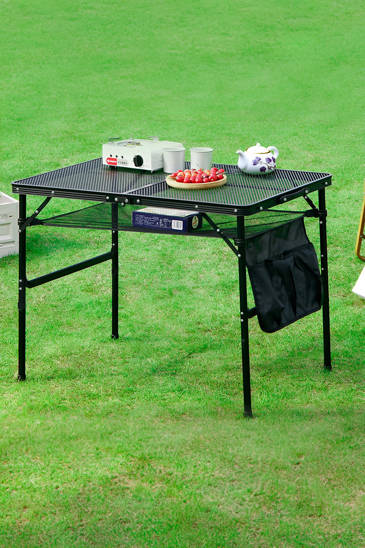 CAMPINGTISCH aus Aluminiumlegierung Eisen in Schwarz klappbarer Rechteckig Gitter-Tischplatte Felsenfeste Stabilität 90 cm B x 60 cm T x 42/66 cm H - Schwarz, Metall (60/90/42cm) - Livingandhome