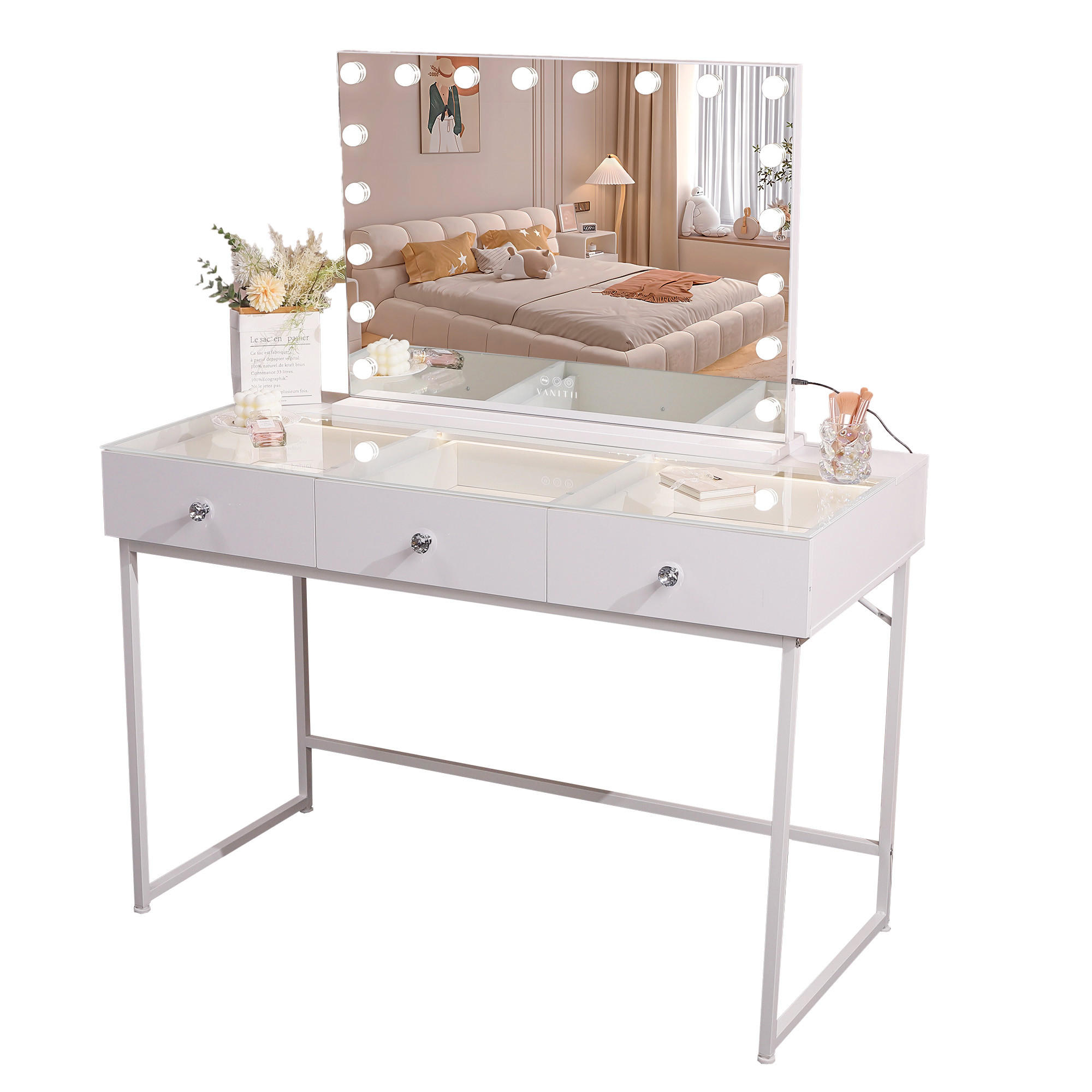 SCHMINKTISCH mit 3 Schubladen 115/55/81 CM und LED Beleuchtung Schminkspiegel Lichtleiste weiß 80/58 cm - Weiß, Holz (55/81/115cm) - VANITII