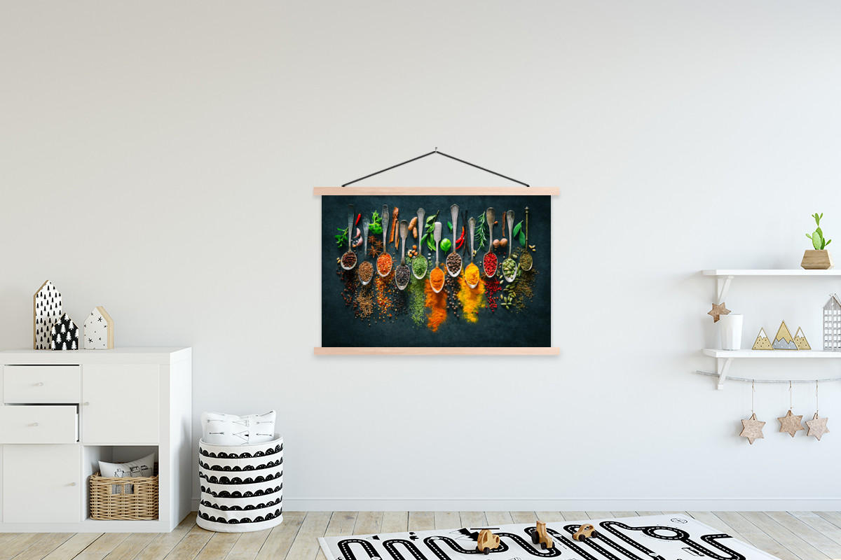 POSTER Kräuter - Gewürze - Löffel 120x80 cm - Currygelb, Textil (120/80/0.15cm) - MuchoWow