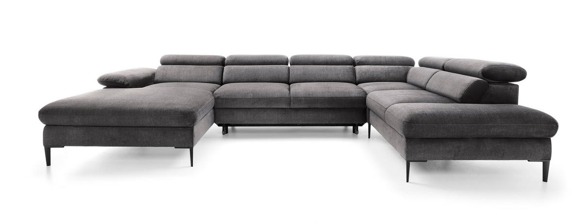 WOHNLANDSCHAFT MESTO Grau Velours-Stoff mit Schlaffunktion - Grau, Holz (353/94/182cm) - MASSENO